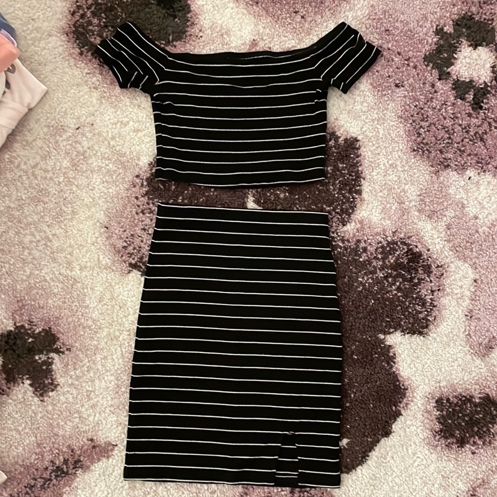 Matching pair black and white striped shirt and mini skirt